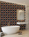 Ember Threads navy blue and orange geometric ring wallpaper creating ambiance in a serene bathroom