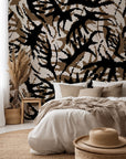 Abstract peel and stick wallpaper featuring black and brown organic vein patterns, named Ember Veins