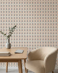 Ember & Iron retro geometric peel and stick wallpaper as a feature wall in a bright home office