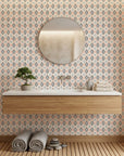 Ember & Iron retro geometric peel and stick wallpaper creating ambiance in a serene bathroom