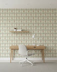Ember Tapestry teal and rust floral wallpaper as a feature wall in a bright home office