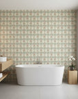 Ember Tapestry teal and rust floral wallpaper creating ambiance in a serene bathroom