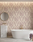 Embroidered Floral Dream soft pink damask wallpaper creating ambiance in a serene bathroom