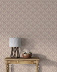 Mauve and beige Embroidered Floral Dream damask wallpaper in traditional living room setting
