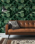Matte deep green tropical monstera and palm leaf peel and stick wallpaper - Emerald Jungle