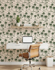 Emerald Breeze green grass wallpaper as a feature wall in a bright home office