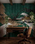 Emerald Crossing green and gold abstract wallpaper adding character to a cozy bedroom