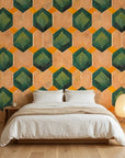 Emerald Hive bold green and gold geometric hexagon wallpaper in a warm and inviting living room