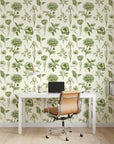 Emerald Peony green botanical floral wallpaper as a feature wall in a bright home office