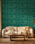 Emerald Veil refined green and gold ginkgo leaf mural wallpaper creating ambiance in a serene bathroom