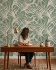 Emerald Whispers delicate leaf wallpaper as a feature wall in a bright home office