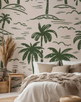 Removable wallpaper featuring a green hand-drawn coastal palm tree design