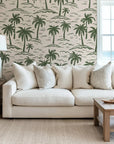Hand-drawn green palm tree motif on self-adhesive coastal wallpaper