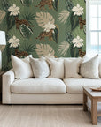 Self-adhesive wallpaper featuring leopards and white orchid flowers in a lush dark green jungle setting