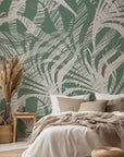 Abstract palm leaf pattern in sage green and cream peel and stick wallpaper design