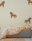 Self-adhesive wallpaper displaying elegant ivory merry-go-round ponies in a whimsical pattern - Equestrian Dream