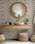 Self-adhesive wallpaper featuring an abstract, eroded line pattern in distressed beige and brown brushstrokes