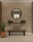 Etched Foliage sketched tan botanical line art creating ambiance in a serene bathroom