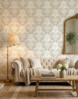Ethereal Flowers elegant beige damask wallpaper in a warm and inviting living room