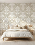 Ethereal Flowers elegant beige damask wallpaper adding character to a cozy bedroom