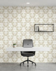 Ethereal Flowers elegant beige damask wallpaper as a feature wall in a bright home office