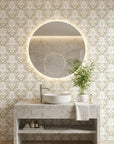 Ethereal Flowers elegant beige damask wallpaper creating ambiance in a serene bathroom