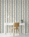 Ethereal Stripes blue and beige floral stripe wallpaper as a feature wall in a bright home office