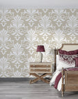 Taupe and white Ethereal Flowers damask wallpaper in elegant bedroom with vintage furniture