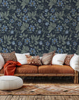 Self-adhesive botanical print wall covering in sage green and navy blue colors, named Evening Whisper