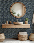 Self-adhesive wall covering featuring an Evening Whisper botanical print in deep blue and sage tones