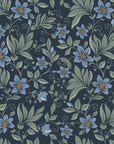 Self-adhesive wallpaper featuring a botanical floral print in deep navy blue and soft sage green hues.