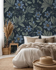 Removable wallpaper in a sage green and navy blue botanical floral print
