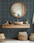 Self-adhesive wall covering featuring an Evening Whisper botanical print in deep blue and sage tones
