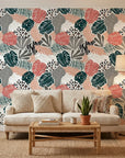 Exotic Whispers subtle tropical wallpaper in a warm and inviting living room
