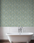 Angular and geometric design wallpaper in teal and gold colors