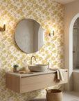 Faded Blooms vintage floral peel and stick wallpaper creating ambiance in a serene bathroom