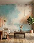 Matte teal and coral weathered fresco peel and stick wallpaper - Faded Fresco