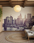 Faded Glory Brooklyn Bridge mural wallpaper in sepia tones on rustic living room wall
