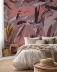 Self-adhesive wall covering featuring an abstract blush and burgundy camouflage lattice pattern