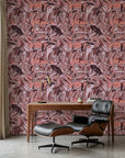Faded Lattice dusty pink and purple abstract camouflage wallpaper as a feature wall in a bright home office