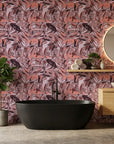 Faded Lattice dusty pink and purple abstract camouflage wallpaper creating ambiance in a serene bathroom