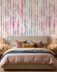 Faded Orchard Drift pink and blue floral wallpaper in a warm and inviting living room