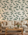 Fallen Ferns Wallpaper neutral botanical palm leaf design in a warm and inviting living room