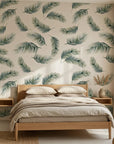 Fallen Ferns Wallpaper neutral botanical palm leaf design adding character to a cozy bedroom