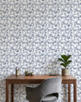 Blue and grey Fallen Leaves peel and stick wallpaper in modern bathroom with floating vanity