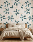Falling Softly blue botanical peel and stick wallpaper adding character to a cozy bedroom
