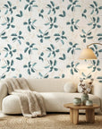 Falling Softly blue botanical peel and stick wallpaper in a warm and inviting living room