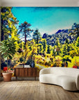 Textured green mountain pine forest landscape peel and stick wallpaper - Far Pines