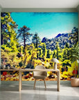 Far Pines green mountain forest landscape wallpaper as a feature wall in a bright home office