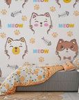 Removable wallpaper featuring charming cat expressions and small paw silhouettes - Feline Whimsy